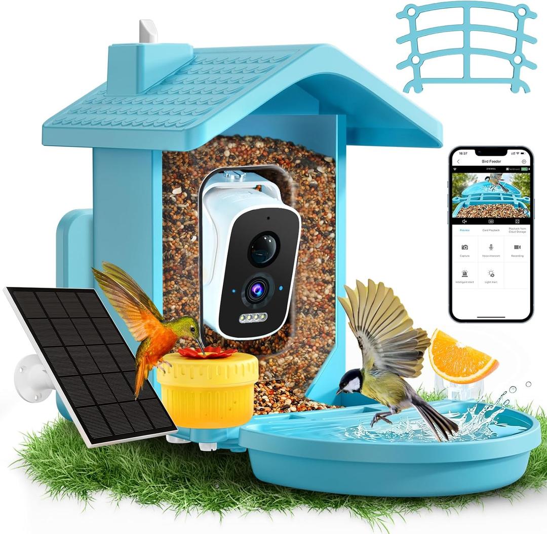 Smart Bird Feeder with Camera Solar Powered, AI Birds Species Identification, 2.5K HD Video Bird House with Camera for Outside, Weatherproof Design Ideal Gifts for Valentine's Day, Bird Lovers, Blue