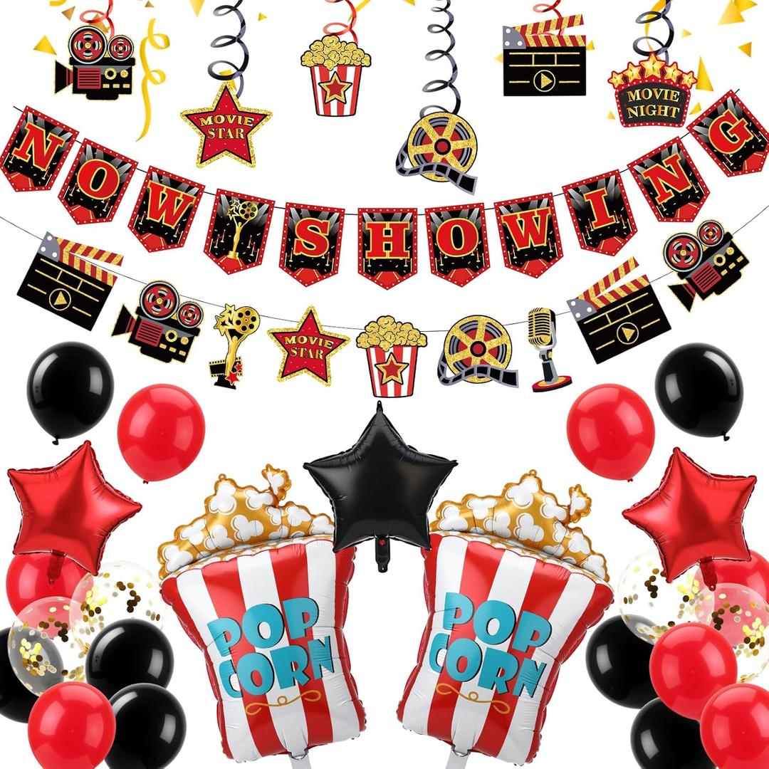 Movie Night Decorations Kit Now Showing Banner Hanging Swirls Popcorn Camera Clapboard Balloons for Movie Themed Birthday Party Supplies Film Backdrop