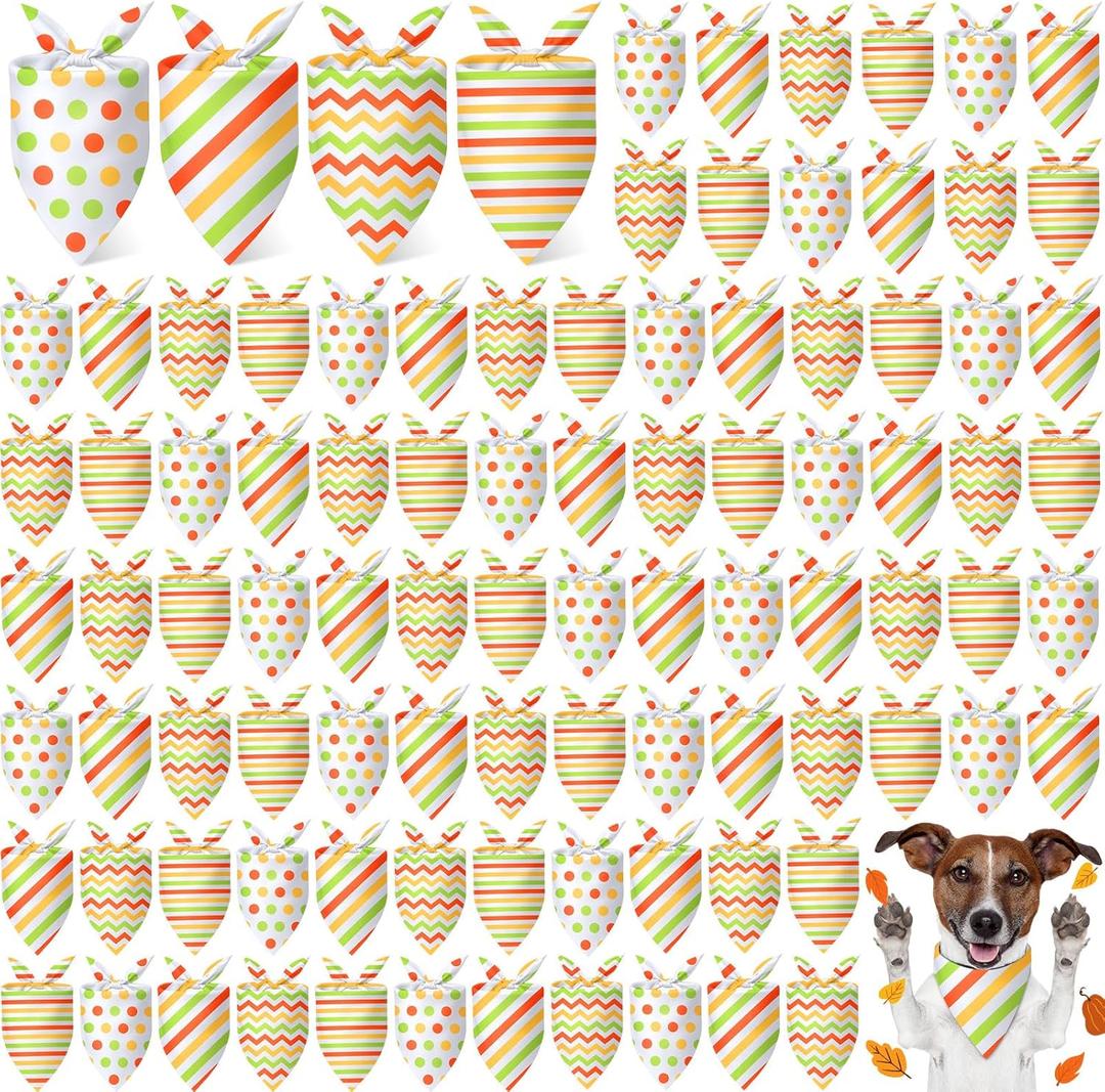 Shinylin 100 Pcs Thanksgiving Dog Bandanas Bulk Polka Dot Stripe Bandanas for Dogs Triangle Kerchief Bibs Scarf Set for Pet Fall Autumn Costume Photo Props Accessories Pet Shops Groomers, 4 Styles