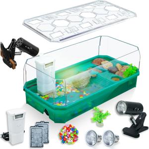 Aquatic Turtle Tank Habitat Kit Stone+Filter+Heat Lamp Enhancing Interaction with 360 Viewing, Standalone Filtration, DIY Creative Zone, Enriched Living (Green, Large[with Light])