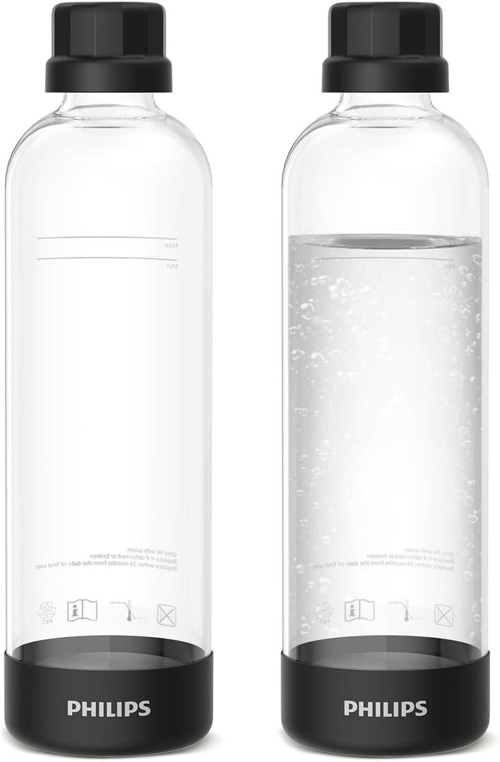 Philips Carbonating Bottles ADD910BKOQ/37, 1L Twin Pack Reusable PET Water Bottles Compatible Sparkling Water Maker, 2 Pack for ADD4902BKOQ/37, ADD4902WHOQ/37 and ADD4901GROQ/37, ADD4901BKOQ/37 (Black)