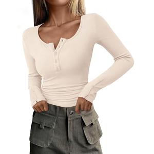 PRETTYGARDEN Women's 2025 Summer Long Sleeve Henley T Shirts Ribbed Knit Button Slim Fitted Basic Casual Going Out Fall Tops (Beige,Small)