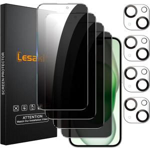 4+4 Pack Privacy Screen Protector for iPhone 15 6.1-Inch with 4 Pack Camera Lens Protector, Anti Spy Tempered Glass Film 9H Hardness Case Friendly