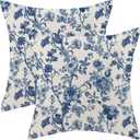 Blue Floral Pillow Covers 18x18 Inch Set of 2 Vintage Navy Blue Floral Throw Pillows Spring Summer Flower Pillowcase Linen Outdoor Decorative Cushion Covers for Bed Sofa Couch