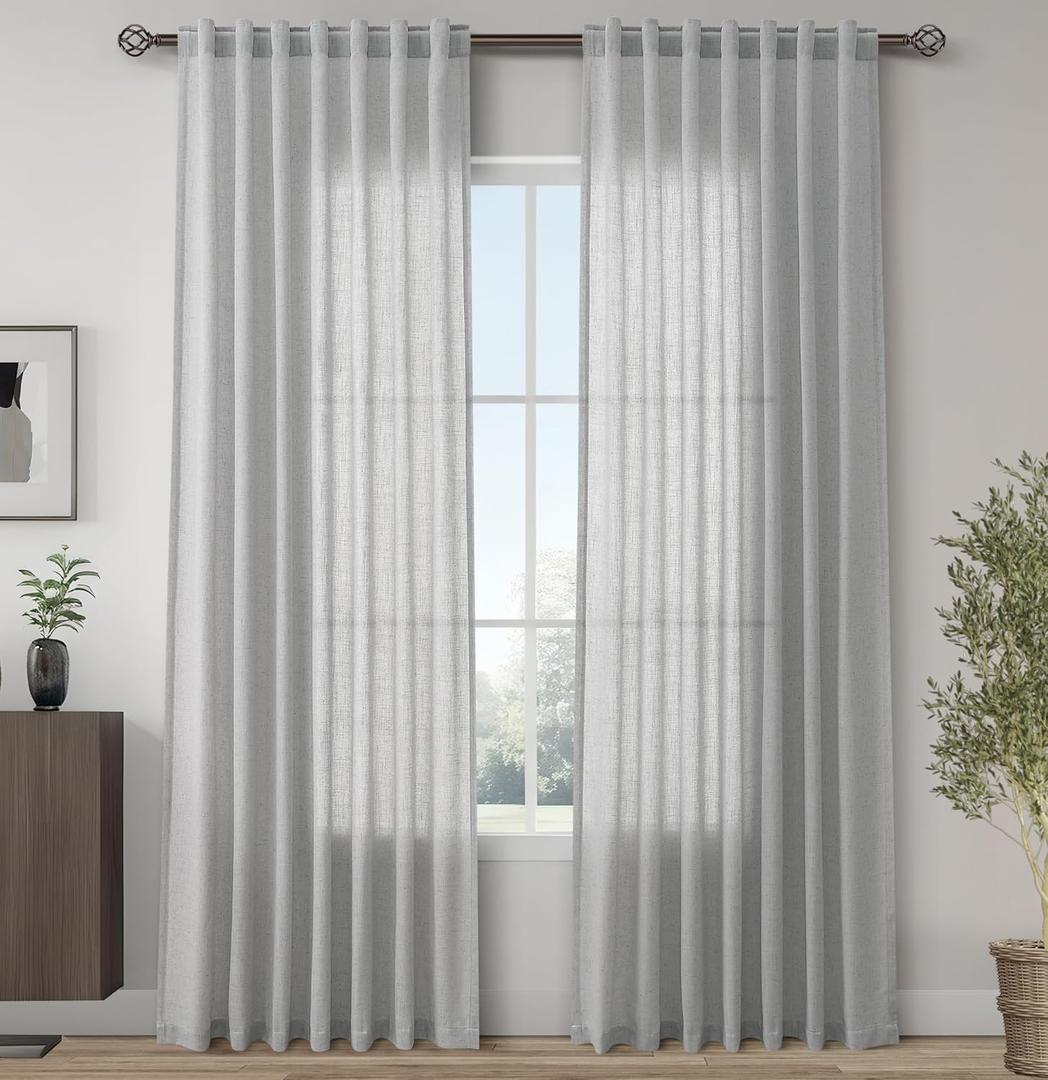 Joywell Gray Birch Linen Semi Sheer Curtains 84 Inches Length Long Rod Pocket Back Tab Hook Belt Clip Rings Window Curtains Drapes for Bedroom Living Room 2 Panels 52x84