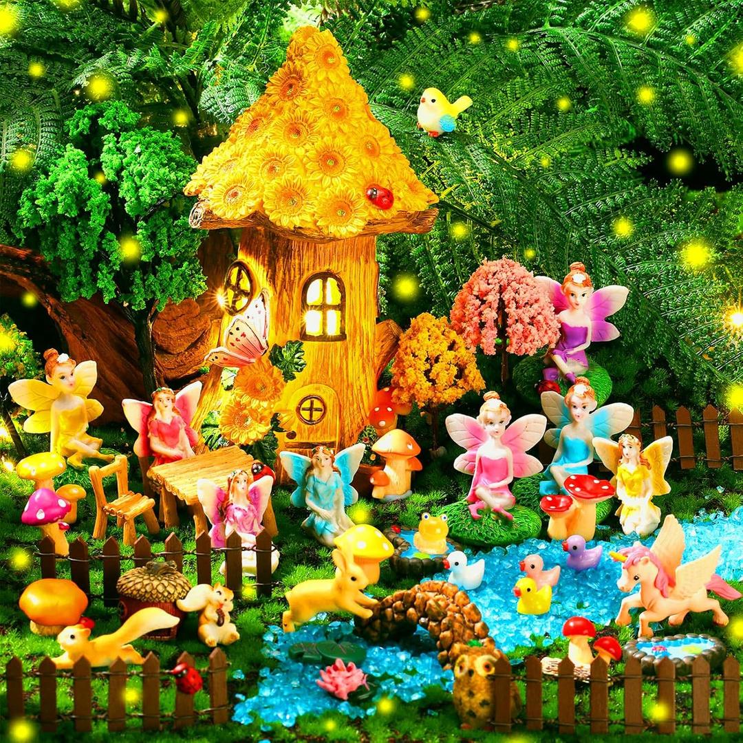 Poen 8'' Solar Light up Fairy House Garden 6-8 Fairy Figures Garden Accessories Kit Animals Doll House Decor Outdoor Micro Landscape Ornaments(Yellow)