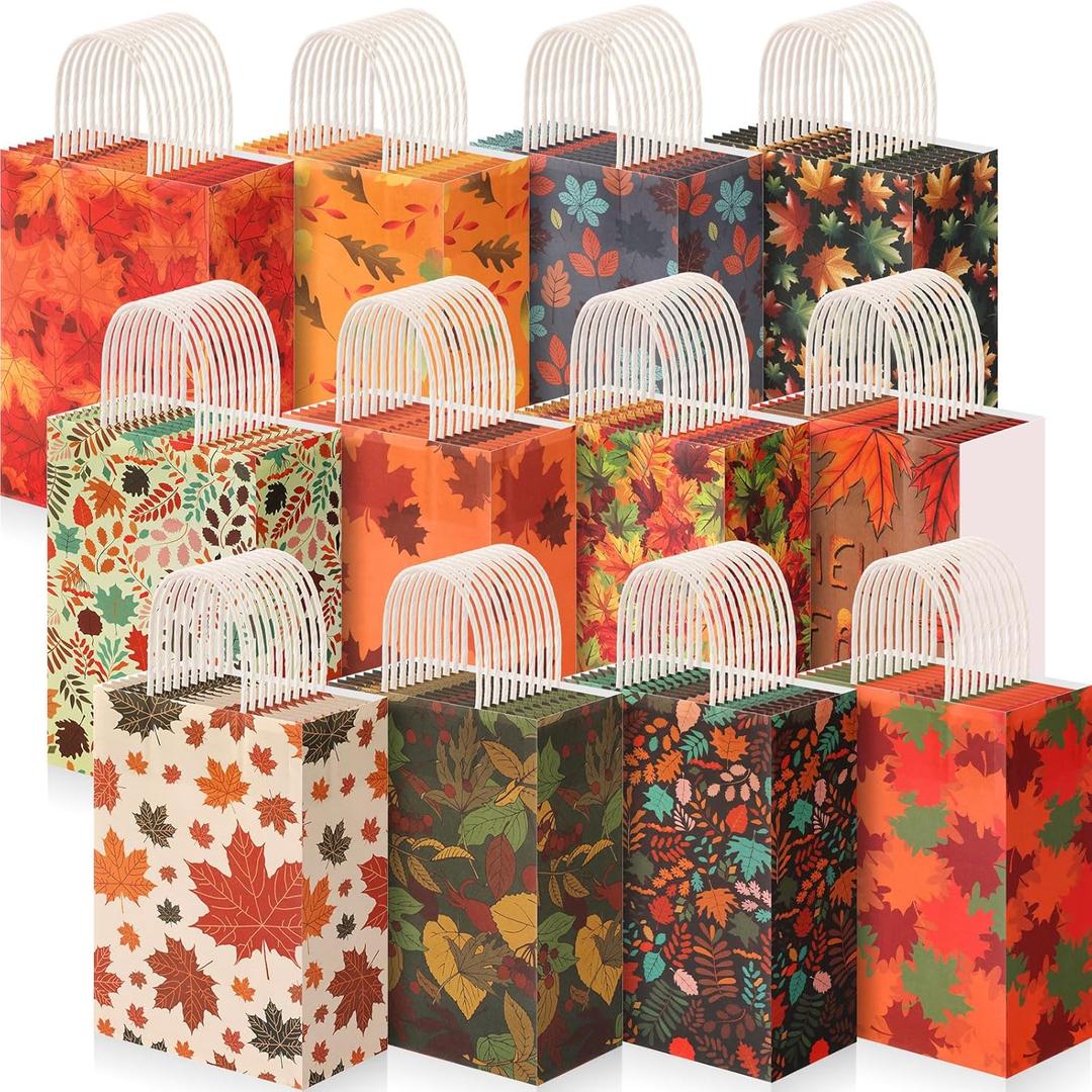 Tenceur 48 Pcs Fall Gift Bags Bulk Kraft Paper Orange Gift Bags Maple Leaf Elements Goody Candy Treat Pouches with Handles for Thanksgiving Autumn Wedding Birthday Party Favors