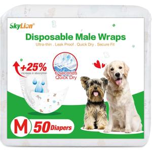 Basics Male Dog Diapers, Super Absorbent Disposable Wrap with LeakProof Protection, Wetness Indicator, Secure Fit, Breathable, Medium, 50 Count