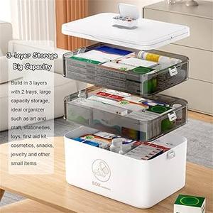 3-Tier Medicine Storage Box, Empty Family Emergencies First Aid Kit Container, Portable Plastic Medicine Storage Organizer Holder Multipurpose Box with Handle for Home, Travel (White)