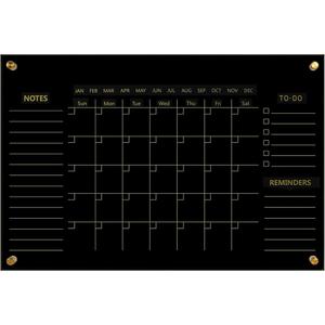 Black Acrylic Calendar Dry Erase for Wall, Family Planner, Monthly Calendar Dry Erase Whiteboard for Home, Office, 24" x 16"Reusable White Board（(Acrylic-BK-4060)