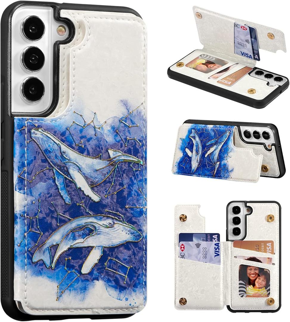 UEEBAI Wallet Case for Samsung Galaxy S21 FE 5G with Card Holders, PU Leather Cover Kickstand RFID Blocking Double Magnetic Clasp Rilievo Flower Shockproof Flip Case for Women Girls - Whale