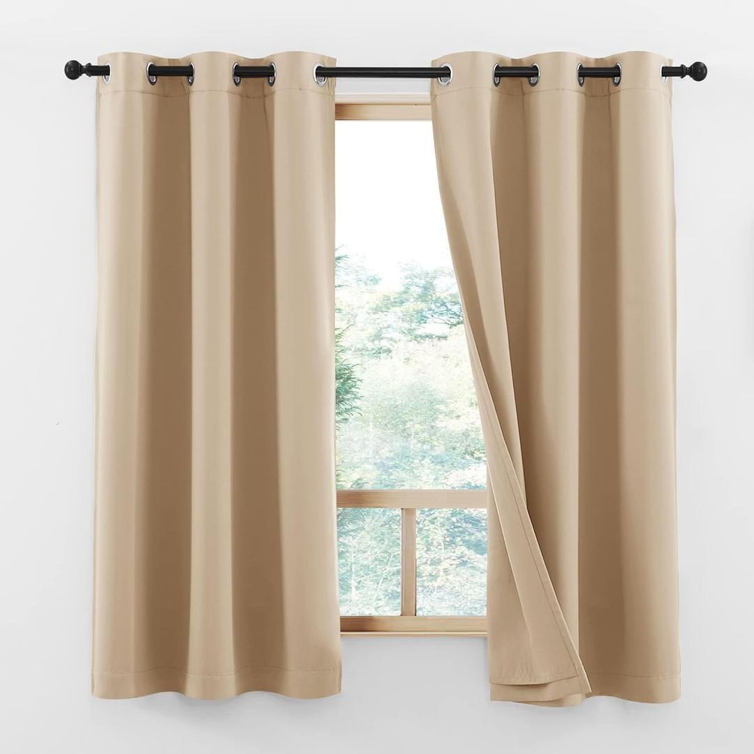 NICETOWN Bedroom Full Blackout Curtain Panels, Super Thick Insulated Grommet Cold Reducing Drapes, Double-Layer Blackout Draperies for Small Window (Set of 2 Pcs, 42 by 63-inch, Warm Beige)