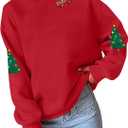 UNIQUEONE Christmas Sweatshirt Women Christmas Xmas Sweater Merry and Bright Long Sleeve Shirts Holiday Pullover Tops (Red)