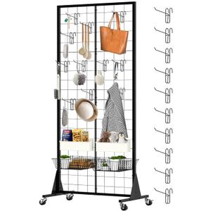 2'x5.5' Ft Gridwall Panel Display Stands Heavy Duty Floor Standing Retail Display Rack with Triangle Base for Retail Art Show With 10 Hooks, Black