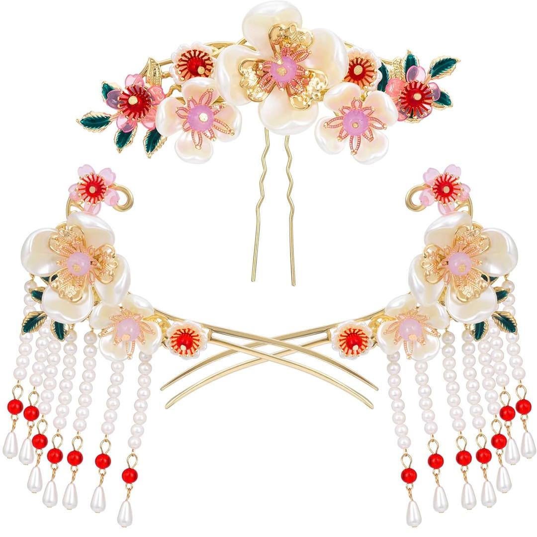 Camellia Flower Tassels Hairpin Set for Women, Non-Slip Rhinestone Pearl Clover Hair Clips Headpiece, Retro Chinese Hanfu Wedding Brides Hair Accessories for Long Hair (White)