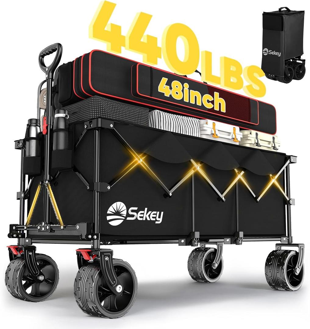 Sekey 48''L Collapsible Foldable Extended Wagon with 440lbs Weight Capacity, Heavy Duty 300L Folding Utility Garden Cart with Big All-Terrain Beach Wheels & Drink Holders, Black