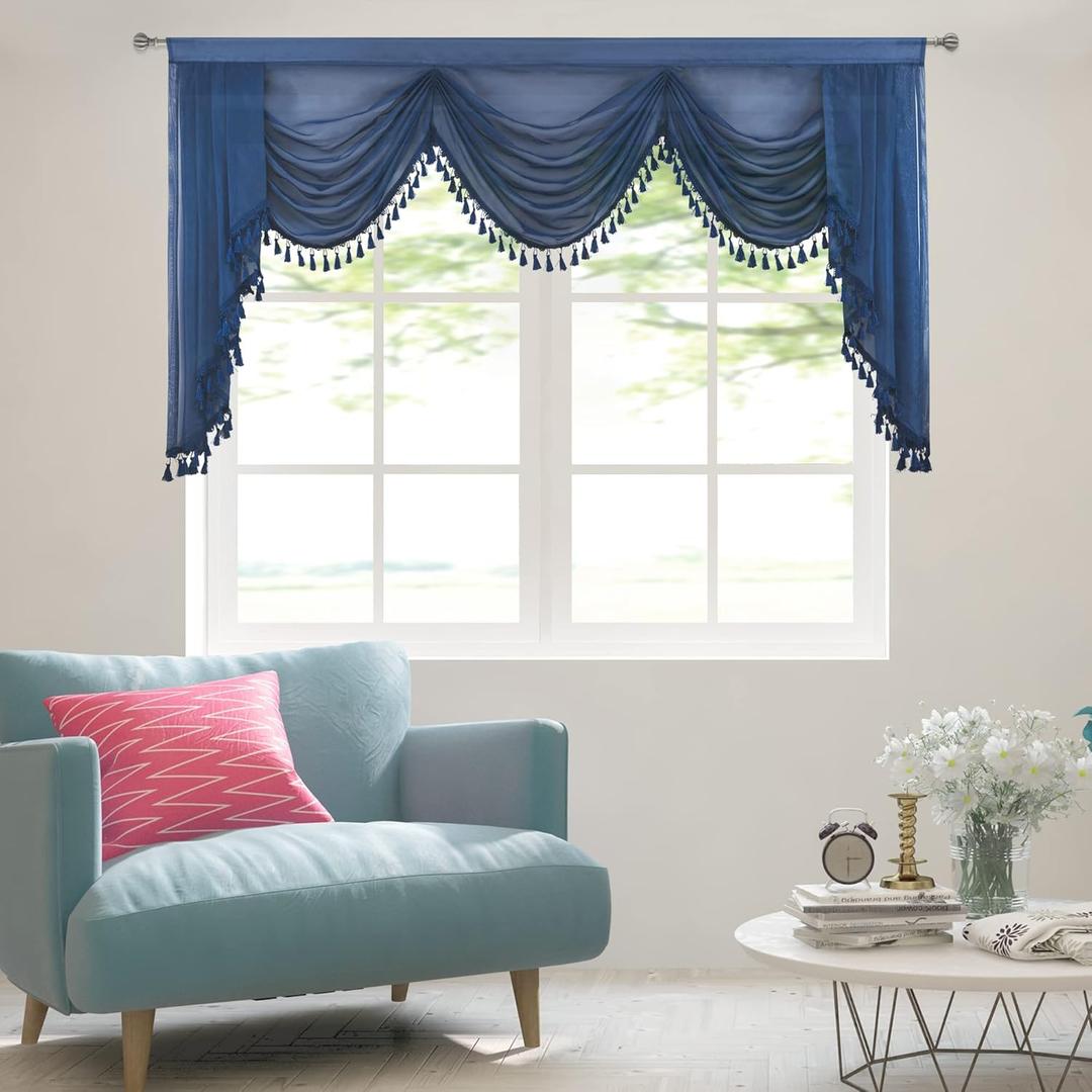 Sheer Window Valances for Living Room Waterfall Tassels Swag Valances for Bedroom Valance Curtains for Kitchen Rod Pocket (Navy Blue, W89 Inch) (89"W x 48"L (Pack of 1))