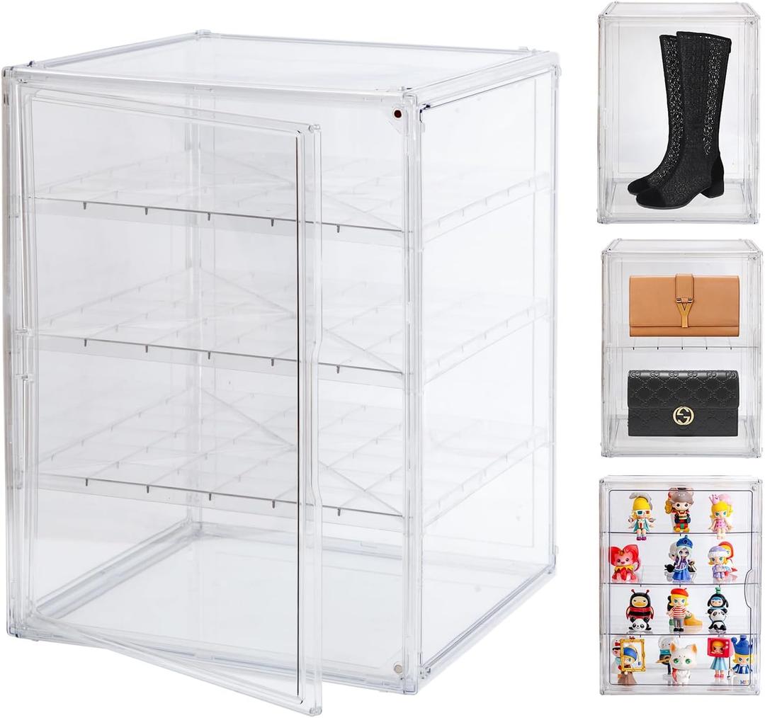 3X-Large 4 Tiers 17.7"X13"X13" Acrylic Display Case with 3 Division Boards, Clear Organizer Box Plastic Holder with Magnetic Door for Handbags, Purses, Boots, Figures, Book