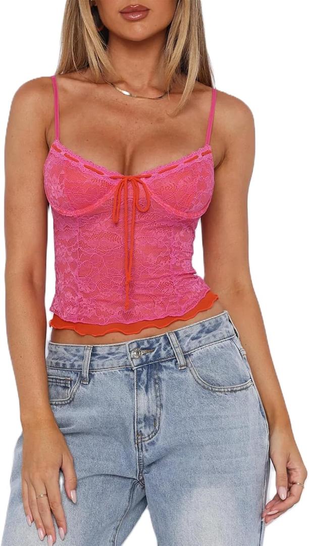 Women Y2K Camisole Spaghetti Strap Lace Trim Square Neck Tank Top Summer Basics Going Out Tops Streetwear (Small)