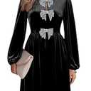 Happy Sailed Velvet Dresses for Women Lantern Sleeve Front Bowknot High Waisted A Line Skater Cocktail Party Dress with Pockets Fall Winter 2025 Black X-Large