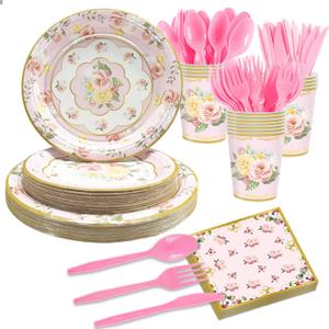 168PCS Floral Paper Plates & Napkins Set - Tea Party Decorations & Supplies for 24 Guests, Disposable Plates for Bridal Shower, Baby Shower, Birthday, Wedding