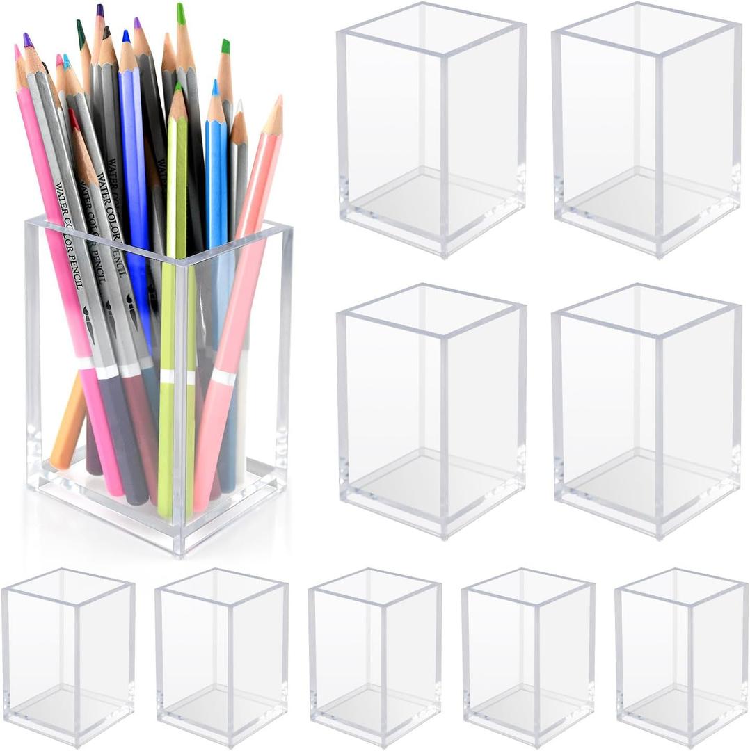 10 Pack Clear Acrylic Pen Holder for Desk, Pencil Cup Makeup Brush Organizer, Square Acrylic Pencil Holders for Office School Home Supplies, Desktop Stationery Organizer for Pens Markers Brushes
