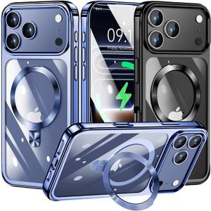 [CD Ring Compatible with MagSafe Invisible Stand]Magnetic for iPhone 17 Pro Case, [Electroplated Bumper Non-Yellowing][Look as Bare iPhone]Slim Clear Case with Holder for Women Men Girls, Blue