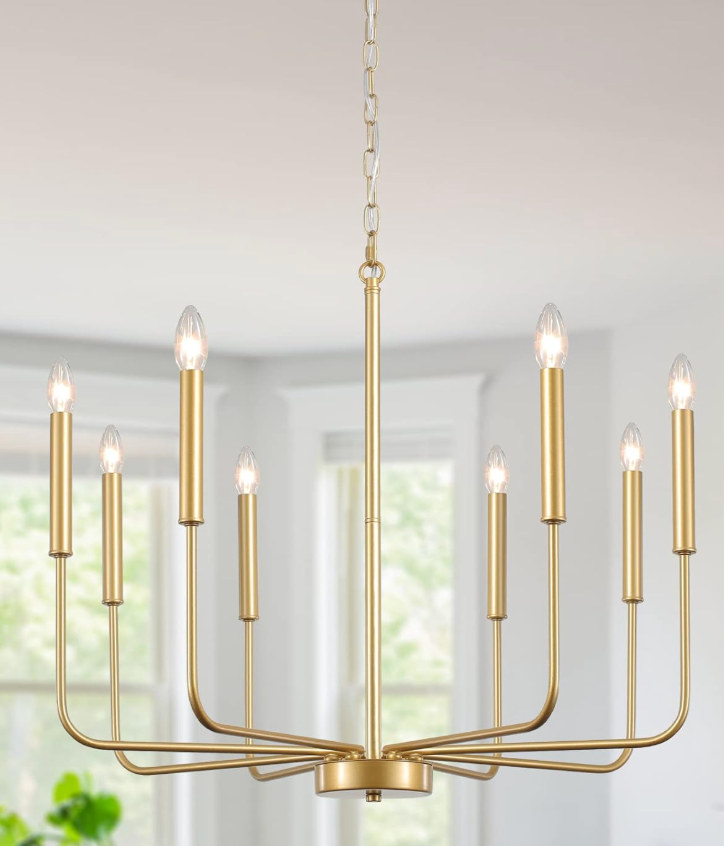 Gold Chandelier Light Fixture, 8 Lights Chandelier for Dining Room Light Fixture, Candle Pendant Light Fixtures Ceiling Hanging for Kitchen Living Room Bedrooms Entryway
