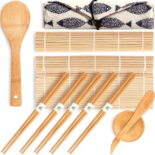 SmileTools No Plastic Bamboo Sushi Making Kit, Sushi Roller, 2 Bamboo Sushi Rolling Mats, 5 Pairs Chopsticks, Sauce Dish & More - Natural Sushi Maker Set for Beginners DIY Sushi at Home