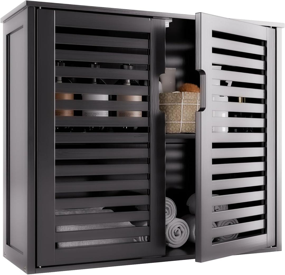 HITNET Black Bathroom Storage Cabinet, Hanging Medicine Cabinet with Adjustable Shelf, Bamboo Over The Toilet Wall Mounted Space Saver Organizer, Double Doors HITNET Black Bathroom Storage Cabinet, Hanging Medicine Cabinet with Adjustable Shelf, Bamboo Over The Toilet Wall Mounted Space Saver Organizer, Double Doors