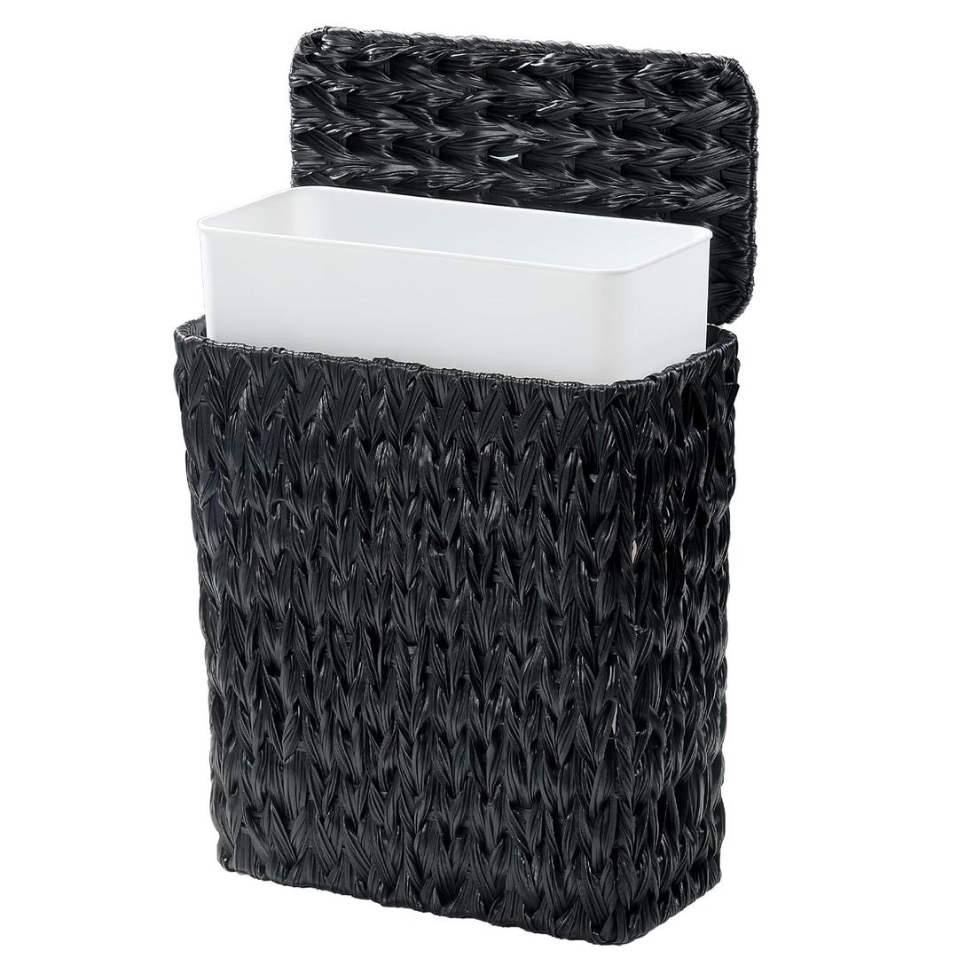 Black Wicker Trash Can with Lid and Liner,Waterproof Narrow Waste Basket for Bathroom,Bedroom,Office,3 Gallon
