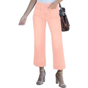 Women's Cropped Wide Leg Jeans Butterfly Elastic High Waisted Baggy Flared Jeans Trendy Stretchy Denim Pants (Pink, S)