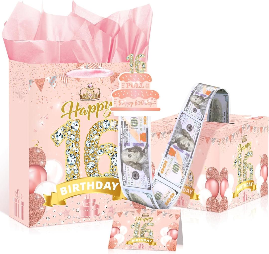 Rose Gold Pink 16th Birthday Money Box and Gift Bag with Wrapping Paper Card for Decorations Party Supplies