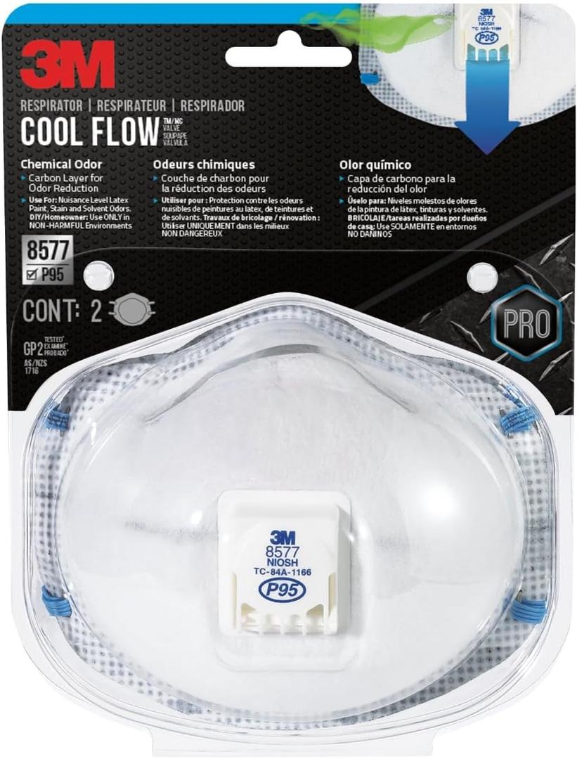 3M P95 Particulate Respirator 8577, 2 Pack, Carbon Layer For Odor Reduction, Features COOL FLOW Exhalation Valve, NIOSH-APPROVED, Advanced Filter Media For Easy Breathing, Comfortable (8577C2-DC-PS)