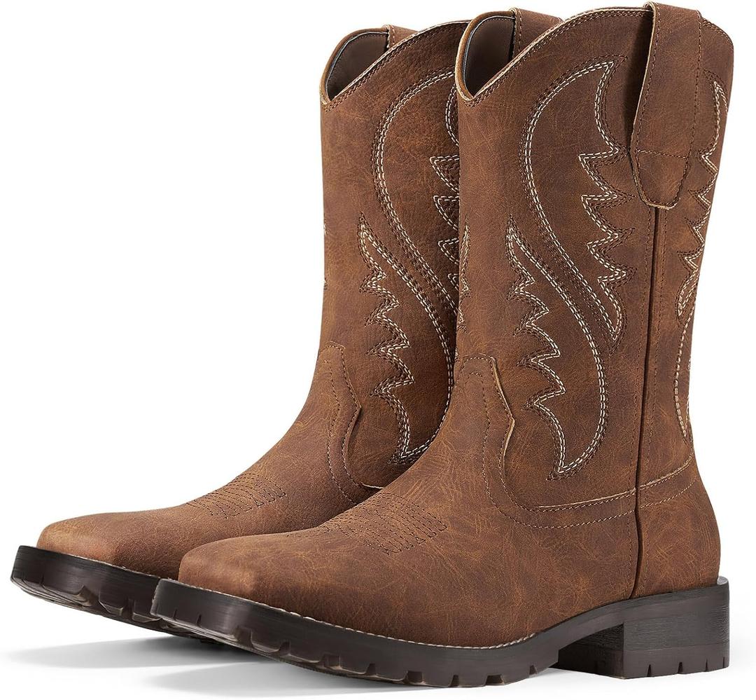 Rollda Cowboy Boots for Men Western Boots Men's Square Toe Chunky Heel Mid-Calf Boots Classic Embroidered Pull On Boots (9.5, Brown)