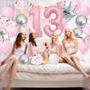 Happy 13th Birthday Decorations - Pink & Silver Balloons, Fringe Curtain, Crown Star Balloon for Her 13 Years Old Princess Party