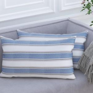 Multi Color Stripe Pillow Cases Soft Faux Linen Lumbar Decorative Throw Cushion Cover with Hidden Zipper for Sofa Car Navy Blue Brown Black White Mixed 12" x 18" 2 Piece