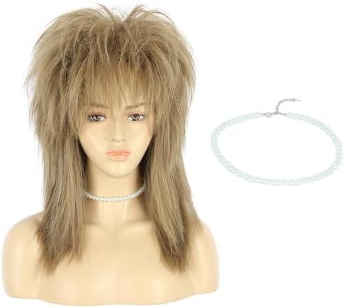 VGbeaty 70s 80s Mullet Women Shoulder Length Straight Light Brown Wig with Necklace Rock Disco Cosplay Party Halloween Costume Wig
