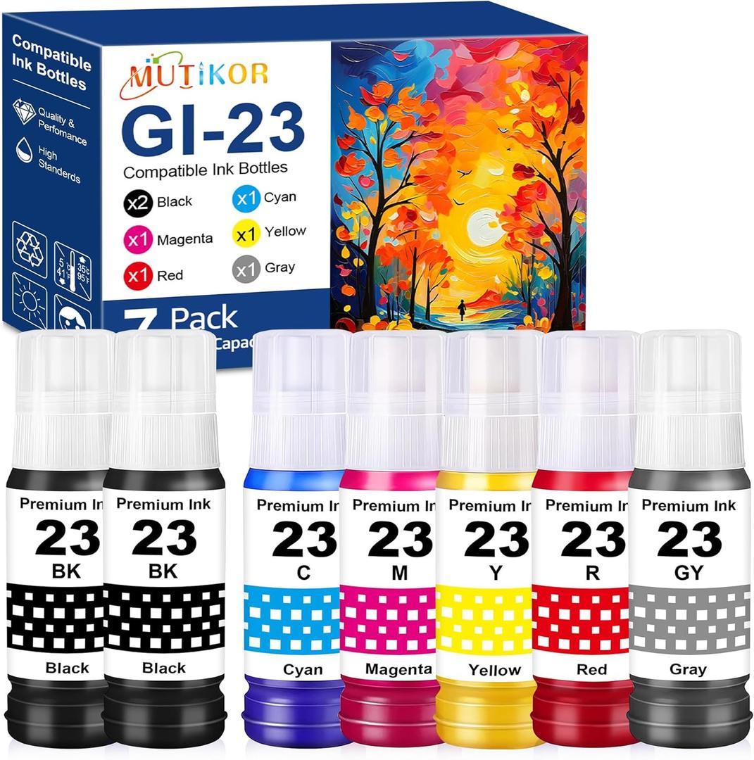 Compatible G620 Printer Ink GI-23 Replacement for Canon GI23 Ink Refill Bottle Work for Canon G620 G520 Printer (7-Pack, Black *2, Cyan Magenta Yellow Red Gray *1)