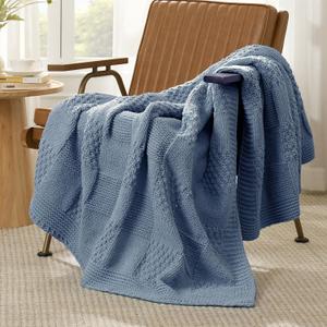 Amlie Home Knit Throw Blanket, Soft Chenille Cozy Breathable Checkered Chunky Decorative Blanket for Couch, Bed & Sofa, French-Inspired Lightweight Warm Gift for Women, Washed Blue, 50"x60"