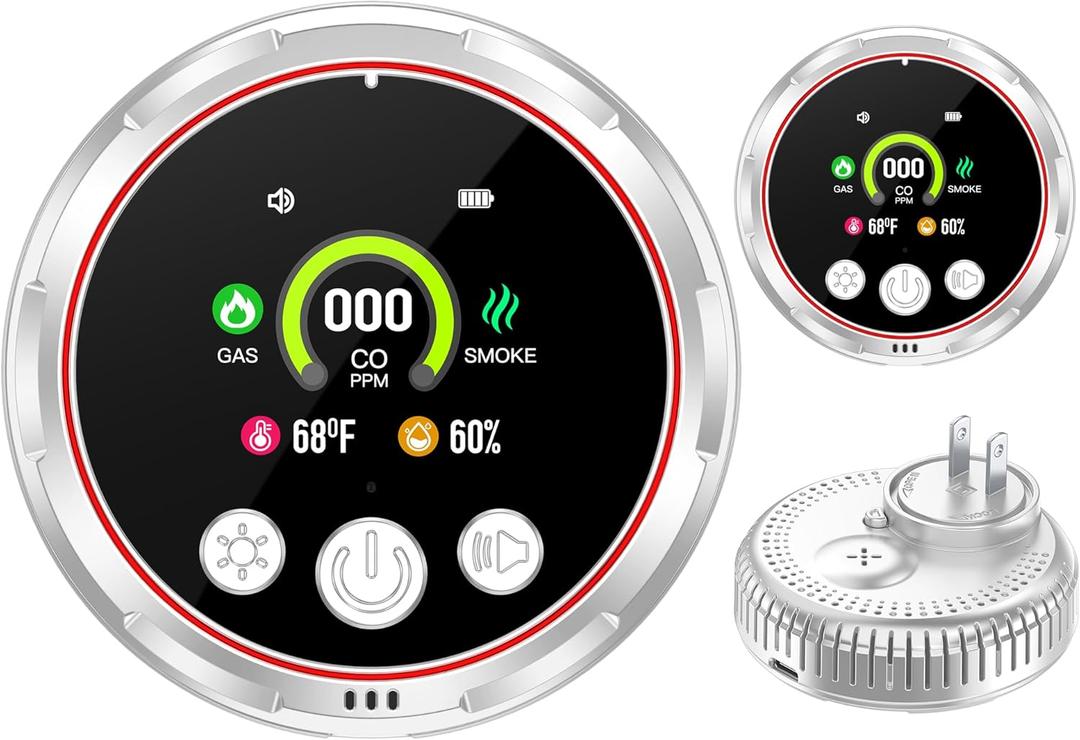 5-in-1 Ring Plug in Natural Gas & Smoke & Carbon Monoxide Detectors Combination Built-in 1000mAh Backup Battery 85dB Smoke CO Temp Humidity Senor for Home Hotel Travel (White, 2 Pack)