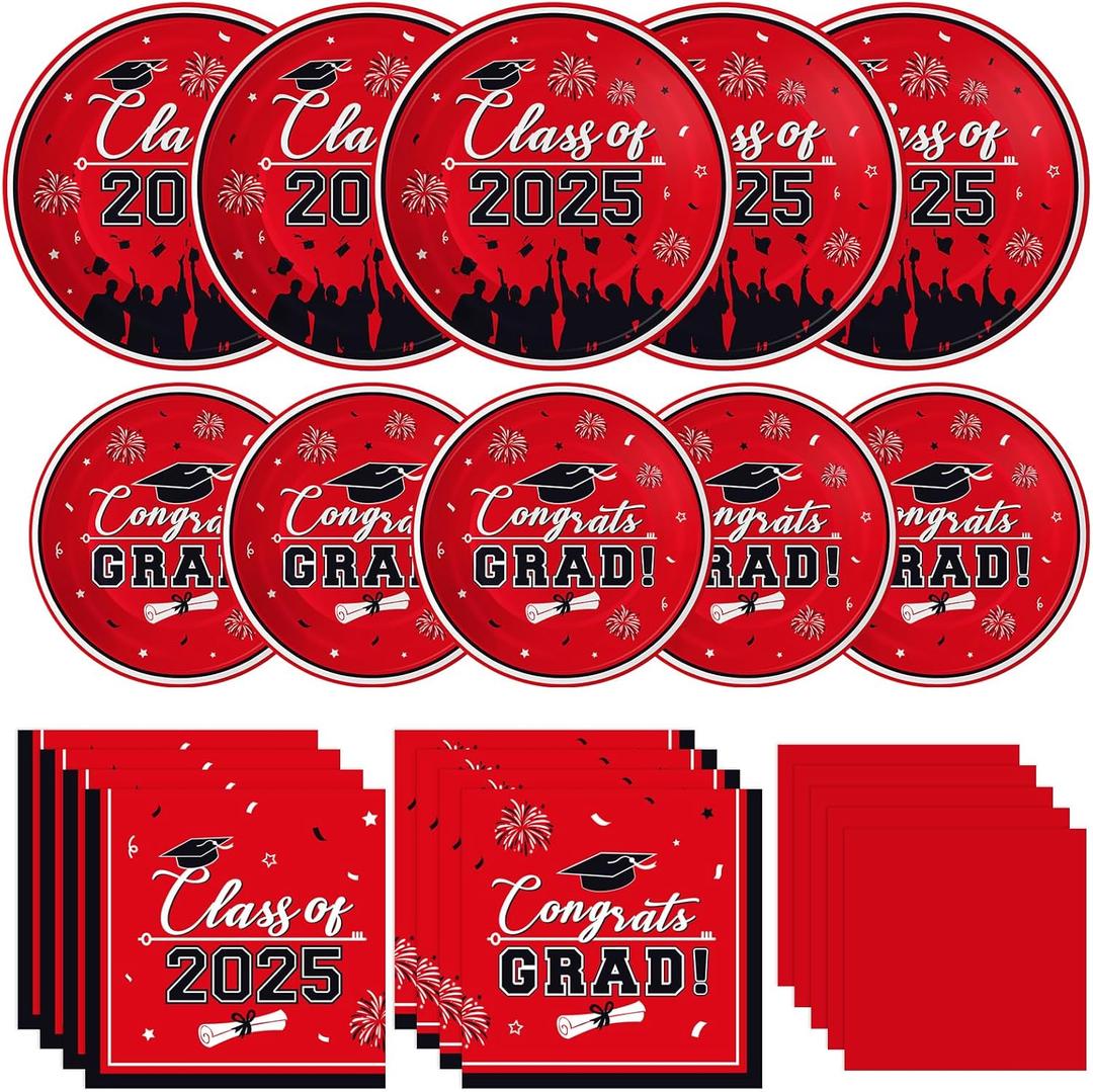 Graduation Plates and Napkins 2025 Grad Party Supplies, Class of 2025 Congrats Grad Disposable Paper Plates Cocktail Napkins Set for 2025 Red Black Graduation Party Decorations Sets, Serve 50