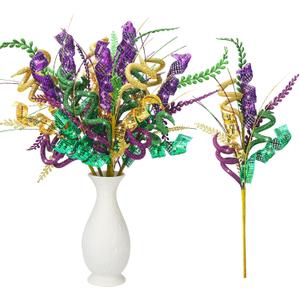 Zeyune 6 Pcs Mardi Gras Decoration Picks Table Centerpiece 17.7 Inch Purple Green Gold Mardi Gras Floral Picks and Sprays Artificial Twig Branch Decor for Tree Topper Arrangement Wreath Party Ornament