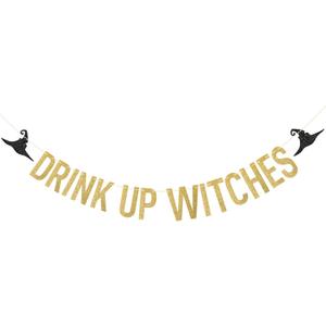 Pre-Strung Drink Up Witches Banner - NO DIY Gold Glitter Halloween Witches Banner Sign Halloween Party Banners Witch Garland for Indoor Outdoor Decorations