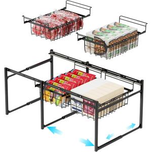iSPECLE Freezer Organizer - Fits 14.8 to 16 Cu.Ft Large Deep Freezer, 4 Pcs Hanging Bins and 2 Tier Rack Divided Space into 3 Layers, Easy Slide to Get All Food, Black