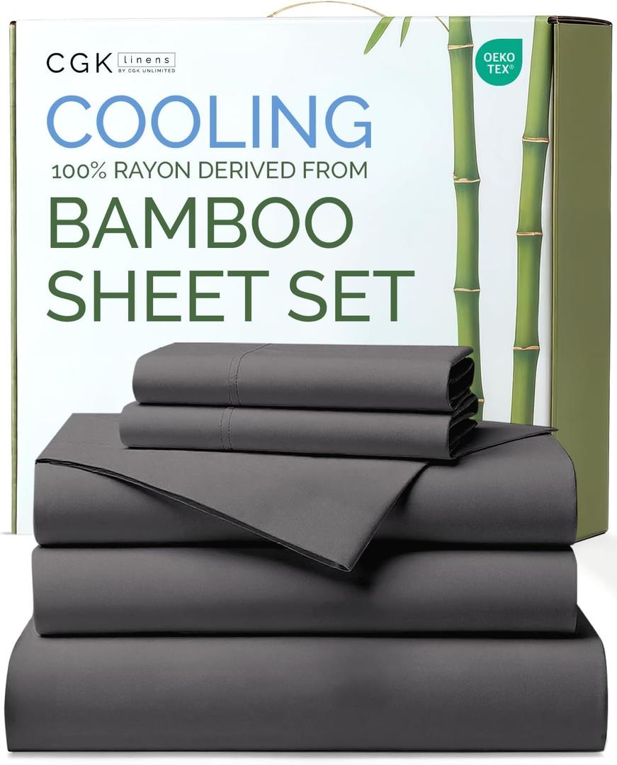 Bed Sheets Split King Size - Cooling Sheets for Split King - 100% Rayon Derived from Bamboo - Ultra Soft Hotel Luxury Bedding - 1 Flat & 1 Fitted & 2 Pillowcases w/ 16 Inch Deep Pockets - Dark Grey