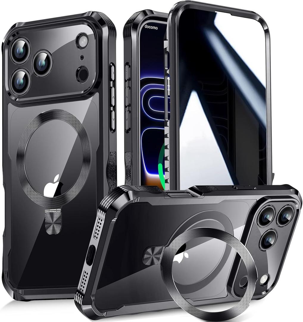 Reukdnv [Built-in Privacy Screen Protector & Invisible Ring Stand] Privacy Case for iPhone 17 Pro Max 6.9'' [Soft Bumper Full Signal] [Compatible with MagSafe] Full-Body Shockproof Clear Case, Black