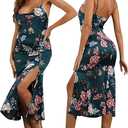 Tsher Women's Sleeveless Spaghetti Strap Satin Wedding Guest Party Dress Cowl Neck Backless Midi Formal Dresses (Medium, Green Floral)