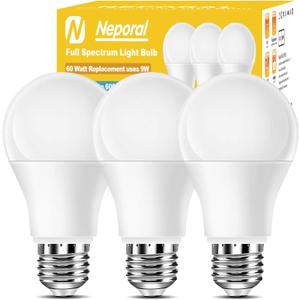 Full Spectrum Light Bulb, 6000K Natural Sunlight Bulbs, 9W 60W Equivalent LED Light Bulb, Natural Light Bulbs A19, E26/E27 LED Light Bulbs for Home, 3 Pack