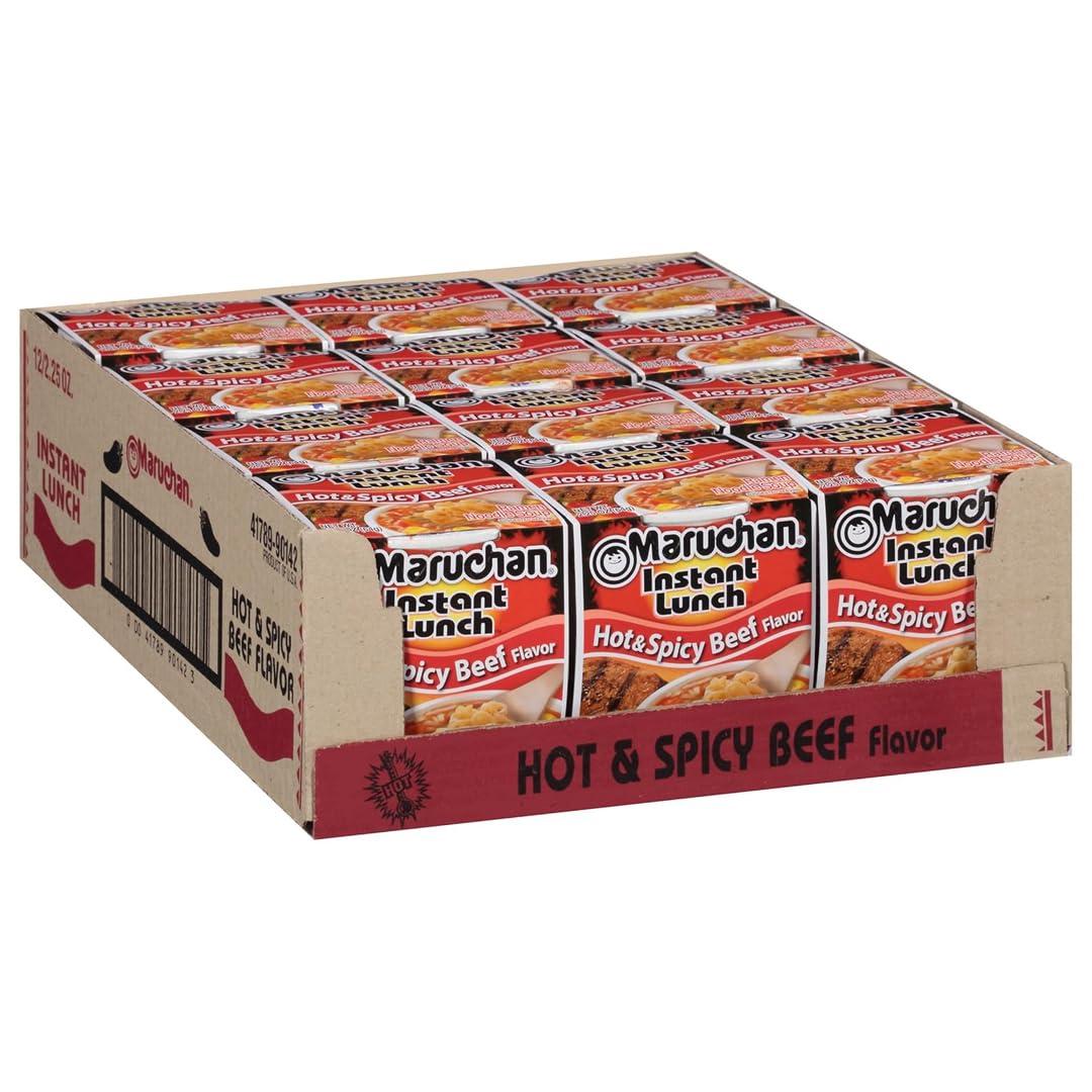 Maruchan Instant Lunch Ramen Noodles, Hot & Spicy Beef Flavor Japanese-Style Instant Noodle Soup, Easy Meal Ready in 3 Minutes 2.25 Oz. (12 Pack) (EXP 05/17/26)
